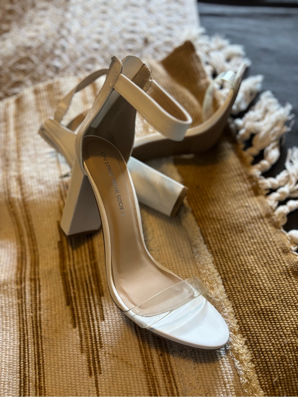 White Block Heel Sandals with Clear Toe Strap